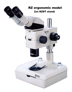 Meiji RZ Ergonomic Biomedical Stereozoom Microscope  offers a 10:1 zoom range and can be configured for magnifications up to 300x. Options include coaxial illumination, POL, darkfield, ergonomic head.